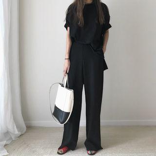 Set: Elbow-sleeve Oversized T-shirt + Wide-leg Pants
