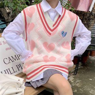 Shirt / Heart Embroidered Sweater Vest