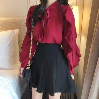 Long-sleeve Ruffled Ribbon Blouse / A-line Mini Skirt