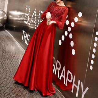 Flower Detail Long-sleeve A-line Evening Gown