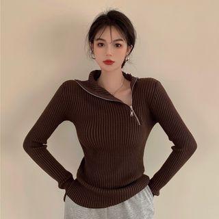 Long-sleeve Asymmetrical Zip Knit Top