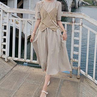 Set: Short-sleeve Gingham Midi A-line Dress + Asymmetrical Camisole Top