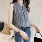 Sleeveless Striped Buttoned Blouse