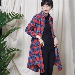 Round-hem Long Plaid Shirt Red - One Size