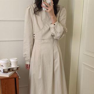 Mock Two-piece Long-sleeve Plain Midi A-line Dress