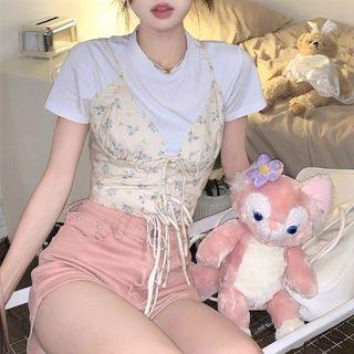 V-neck Floral Lace-up Cropped Camisole Top Camisole Top - Light Yellow - One Size
