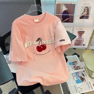 Letter Cherry Embroidered T-shirt