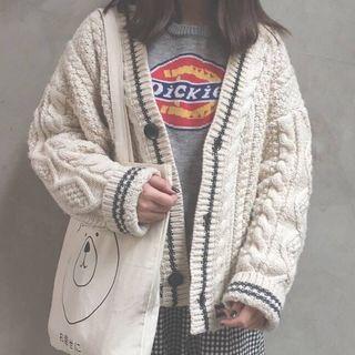 Contrast Trim Cable-knit Cardigan Almond - One Size