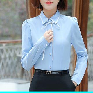Contrast Trim Tie-neck Shirt / Slit Pencil Skirt / Set
