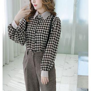 Rhombus Print Chiffon Shirt / Straight Cut Pants