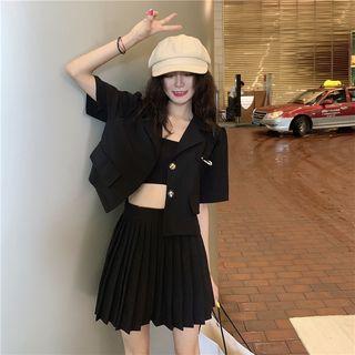 Lapel Collar Short-sleeve Cropped Top / Pleated Mini Skirt