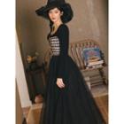 Long-sleeve Gingham Check Panel Midi A-line Mesh Dress