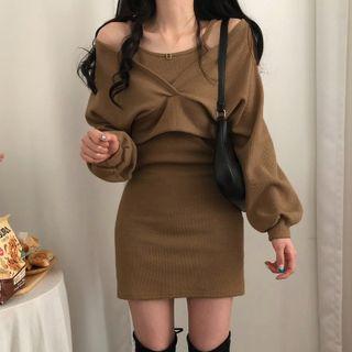 Set: Off-shoulder Sweater + Spaghetti Strap Mini Dress