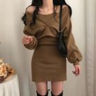 Set: Off-shoulder Sweater + Spaghetti Strap Mini Dress