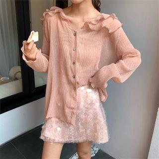 Long-sleeve Ruffle Blouse / Sequin Mini A-line Skirt