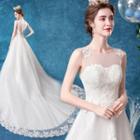 Lace Trim Sleeveless Mesh A-line Wedding Gown