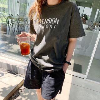 Crewneck Letter Print T-shirt Charcoal Gray - One Size