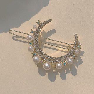 Moon Rhinestone Faux Pearl Hair Clip Gold - One Size