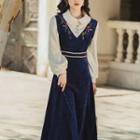 Long-sleeve Collared Embroidered Midi A-line Dress
