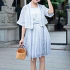 Traditional Chinese Set: Elbow-sleeve Top + Sleeveless Top + Skirt