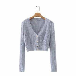 V-neck Plain Cropped Cardigan Grayish Purple - One Size