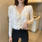 Puff-sleeve Shirred Lace Blouse