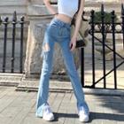 High-waist Washed Cutout Split Straight-cut Jeans