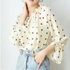 Drawstring Bell Sleeve Dotted Print Top Almond - One Size