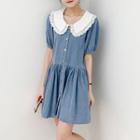 Two Tone Lace Washed Denim Button-up A-line Mini Dress Blue - One Size