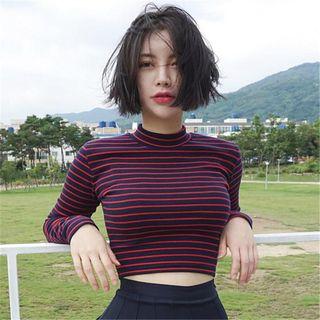 Mock Turtleneck Long-sleeve Striped Cropped Top As Shown In Figure - One Size