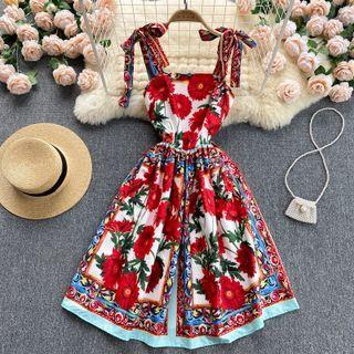 Flower Print Tied Spaghetti-strap Dress