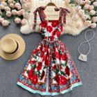 Flower Print Tied Spaghetti-strap Dress