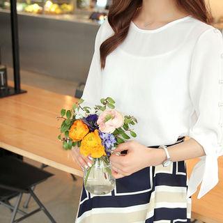Faux-pearl Detail Beribboned-sleeve Chiffon Top