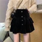 High-waist Button A-line Velvet Mini Skirt
