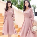 Long-sleeve Houndstooth V-neck A-line Dress