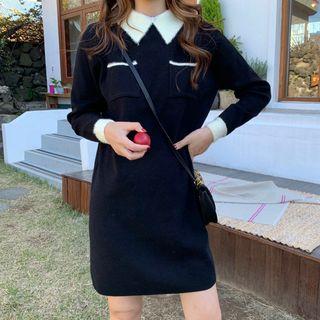 Two-tone Collared Sweater Dress Black - One Size