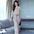 Set: Striped Long-sleeve Top + Drawstring Wide-leg Pants