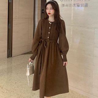Long-sleeve Round Neck Knit Panel Midi Dress
