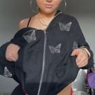 Long Sleeve Butterfly Rhinestone Zip-up Hoodie