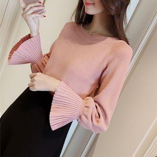 Plain Crew-neck Flared Cuffs Sweater