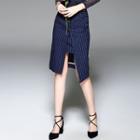 Stripe Slit-front Buttoned Pencil Skirt