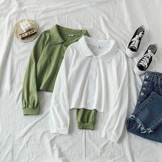 Plain Long-sleeve Crop Polo-shirt