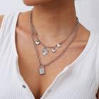 Alloy Padlock Pendant Layered Necklace 1 Pc - 3099 - White Gold - One Size