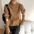 Elbow-sleeve Mock Neck Plain Knit Top + Fingerless Gloves
