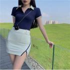 Contrast Collar Polo Shirt / Mini Pencil Skirt