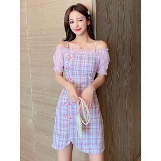 Cold-shoulder Plaid Short-sleeve Mini A-line Dress
