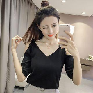 Elbow-sleeve Cold Shoulder Knit Top