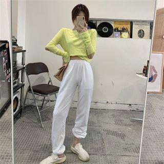 Long-sleeve Cutout Plain Top / High-waist Plain Harem Pants