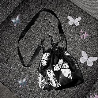 Butterfly-print Drawstring Bucket Bag Black - One Size