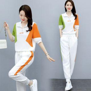 Set: Short-sleeve Color Block Lettering Half-zip Top + Sweatpants
